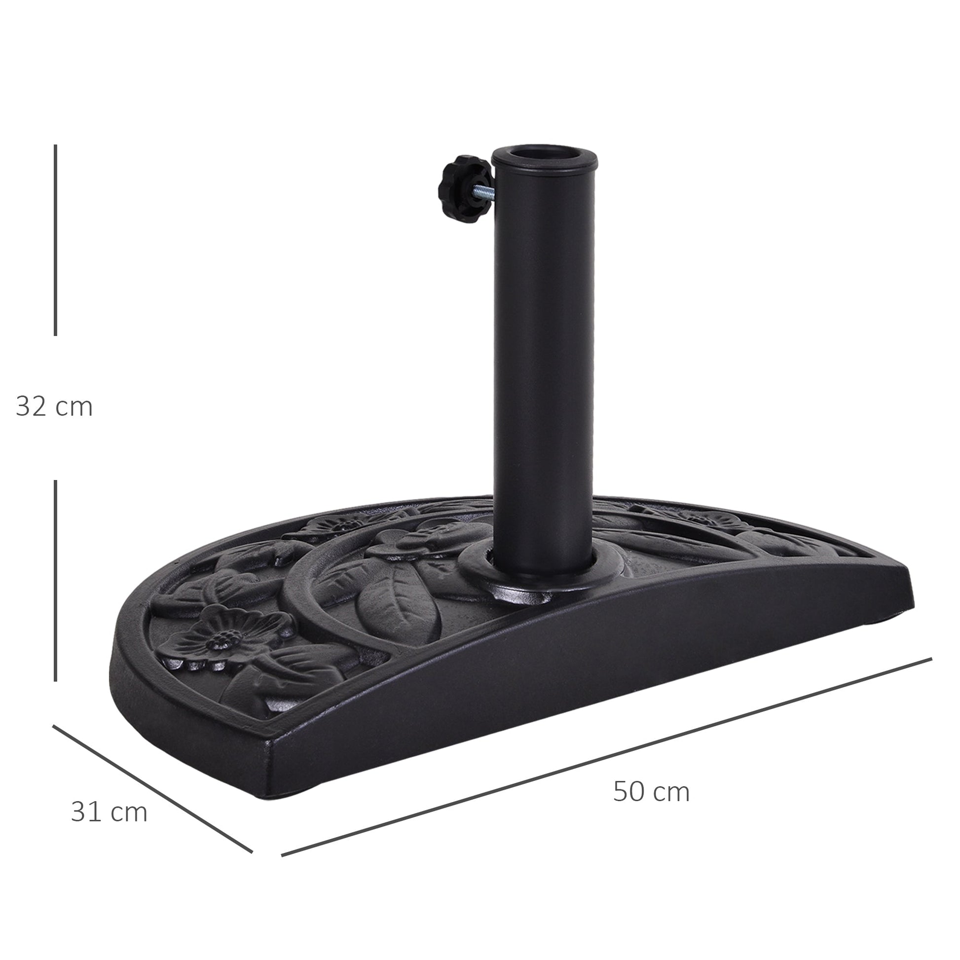 9kg Resin Parasol Base, Half Round Umbrella Stand with Floral Design for Garden, Outdoor, Suitable Umbrella Rod: Φ3.8cm, Φ4.8cm, Black