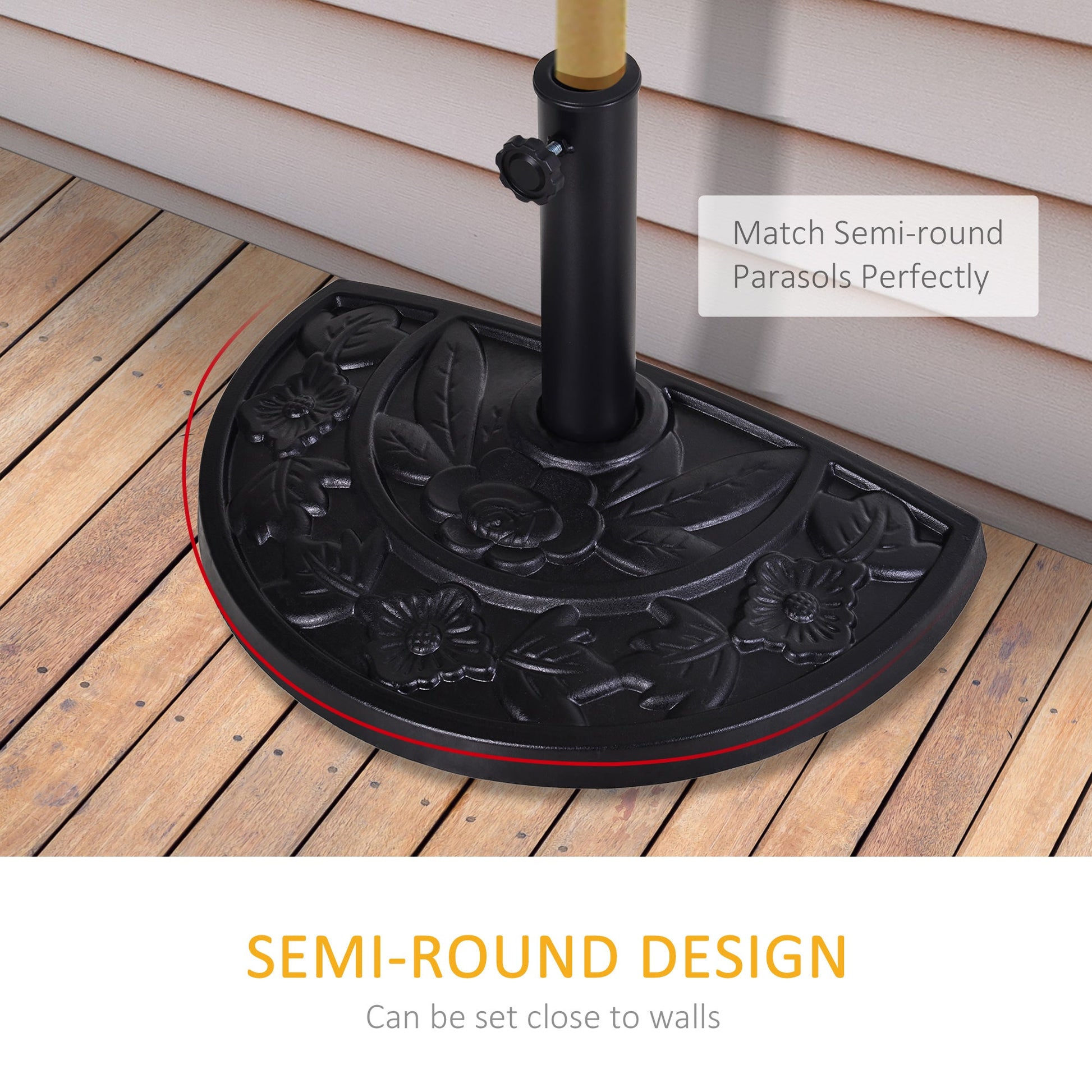 9kg Resin Parasol Base, Half Round Umbrella Stand with Floral Design for Garden, Outdoor, Suitable Umbrella Rod: Φ3.8cm, Φ4.8cm, Black