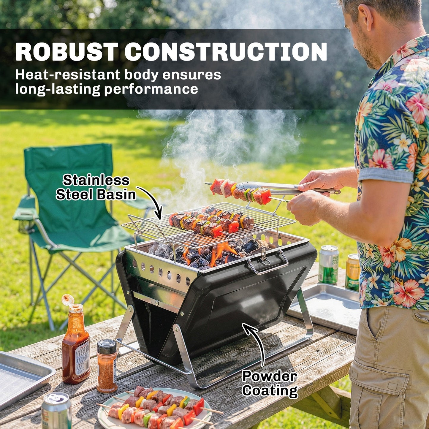 Portable BBQ Grill, Folding Charcoal Barbecue Grill with Handle and Foldable Legs for Camping Garden Outdoor Cooking, Black