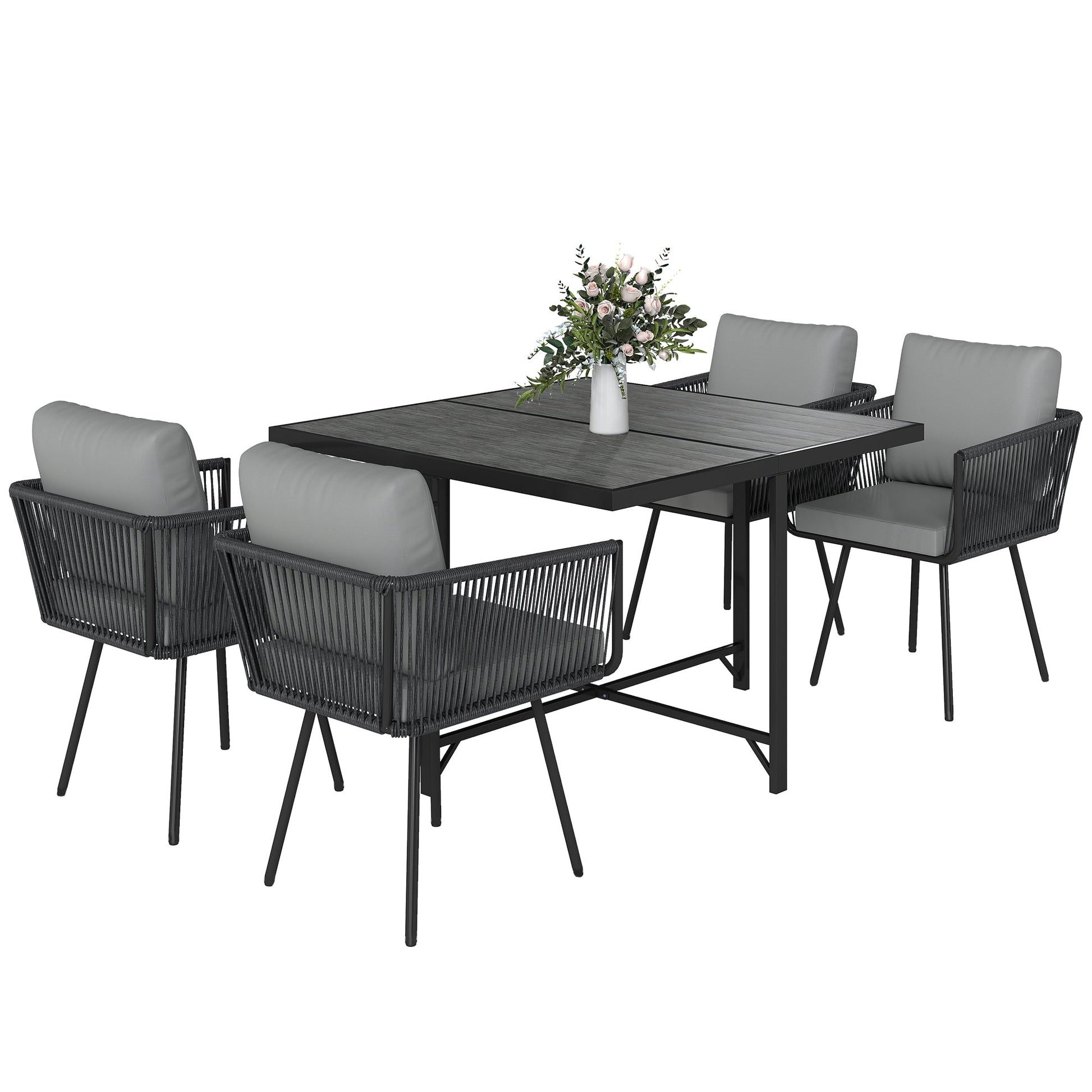 5 Piece Rattan Garden Furniture Set, Garden Dining Set with Wood-Plastic Table and 4 Stackable Chairs, Rattan Table and Chairs with 4 Cushions for Patio, Terrace, Light Grey