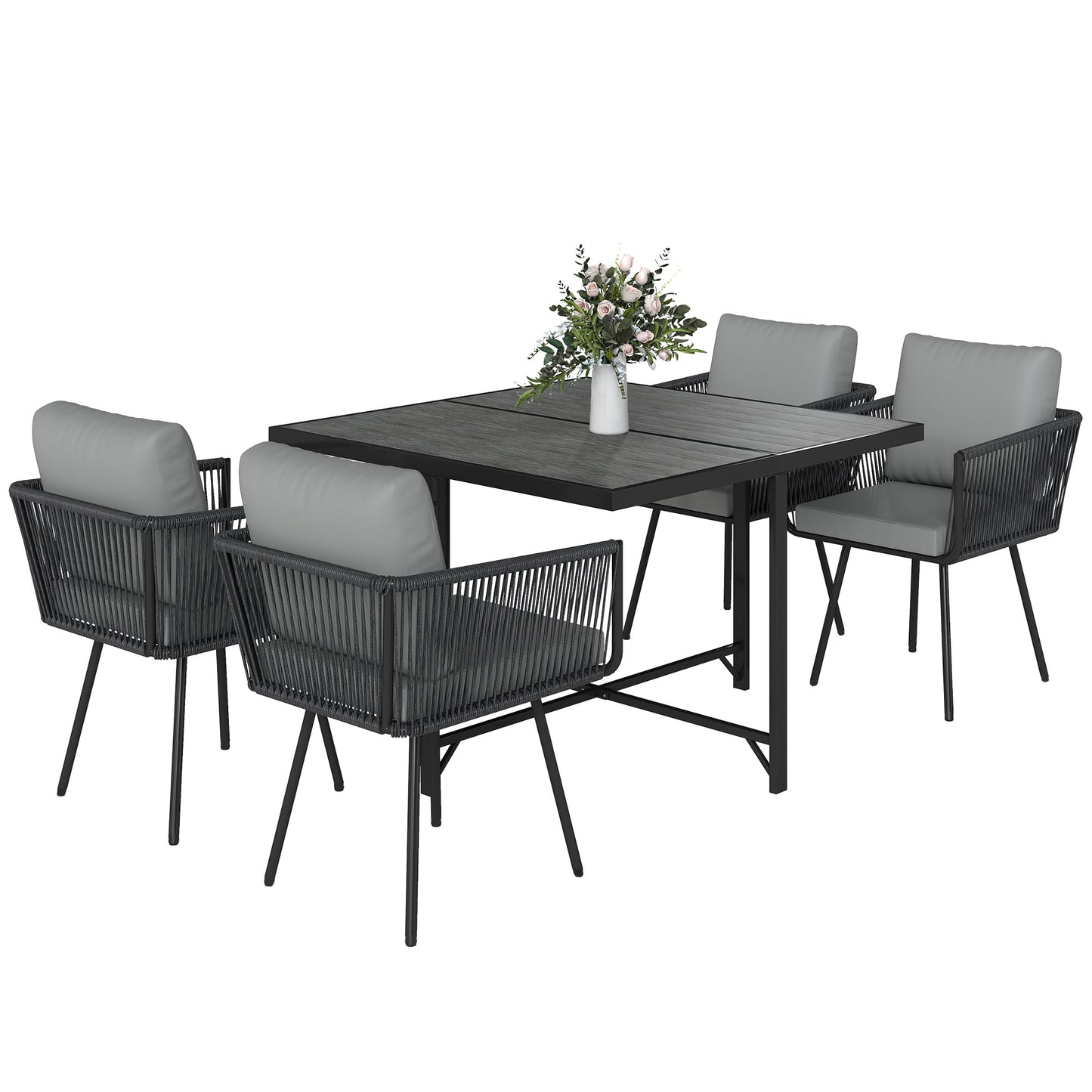 5 Piece Rattan Garden Furniture Set, Garden Dining Set with Wood-Plastic Table and 4 Stackable Chairs, Rattan Table and Chairs with 4 Cushions for Patio, Terrace, Light Grey