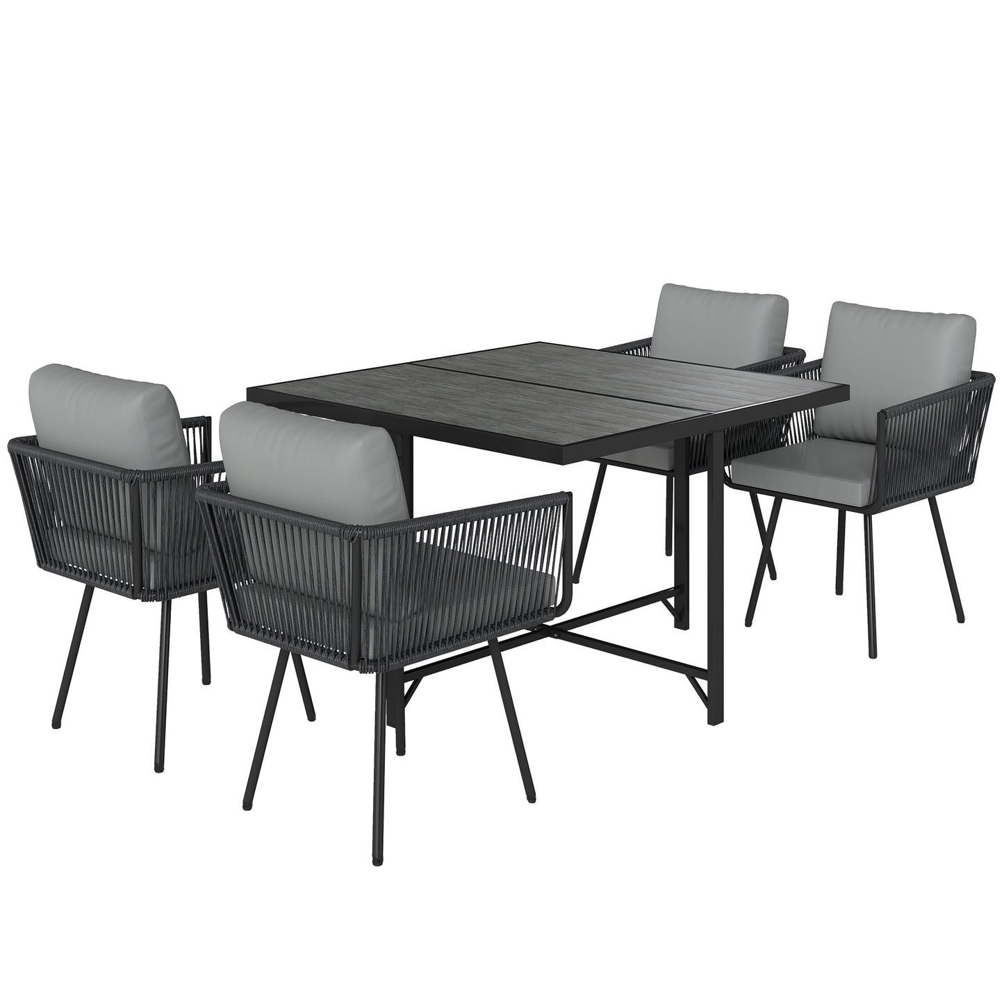5 Piece Rattan Garden Furniture Set, Garden Dining Set with Wood-Plastic Table and 4 Stackable Chairs, Rattan Table and Chairs with 4 Cushions for Patio, Terrace, Light Grey