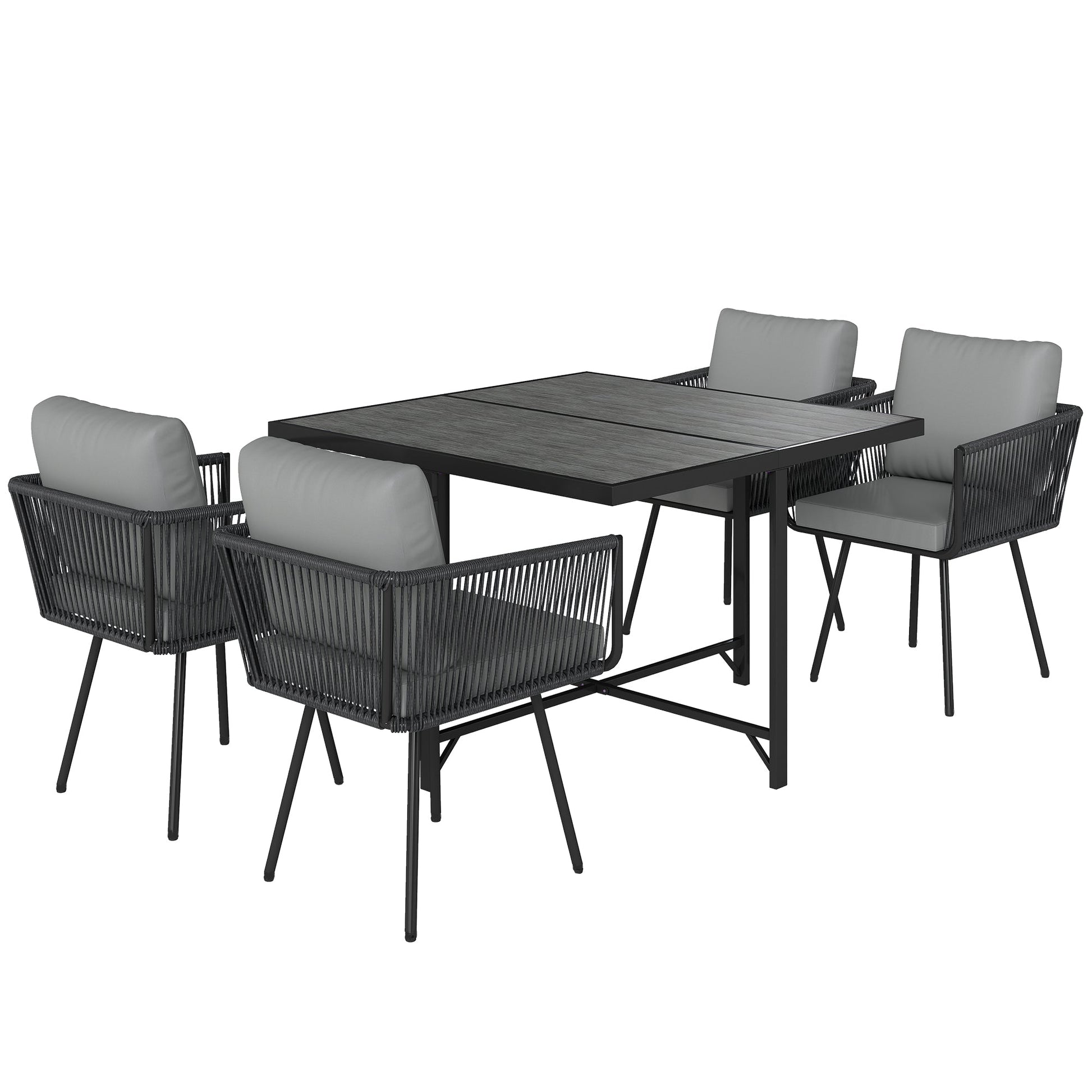 5 Piece Rattan Garden Furniture Set, Garden Dining Set with Wood-Plastic Table and 4 Stackable Chairs, Rattan Table and Chairs with 4 Cushions for Patio, Terrace, Light Grey