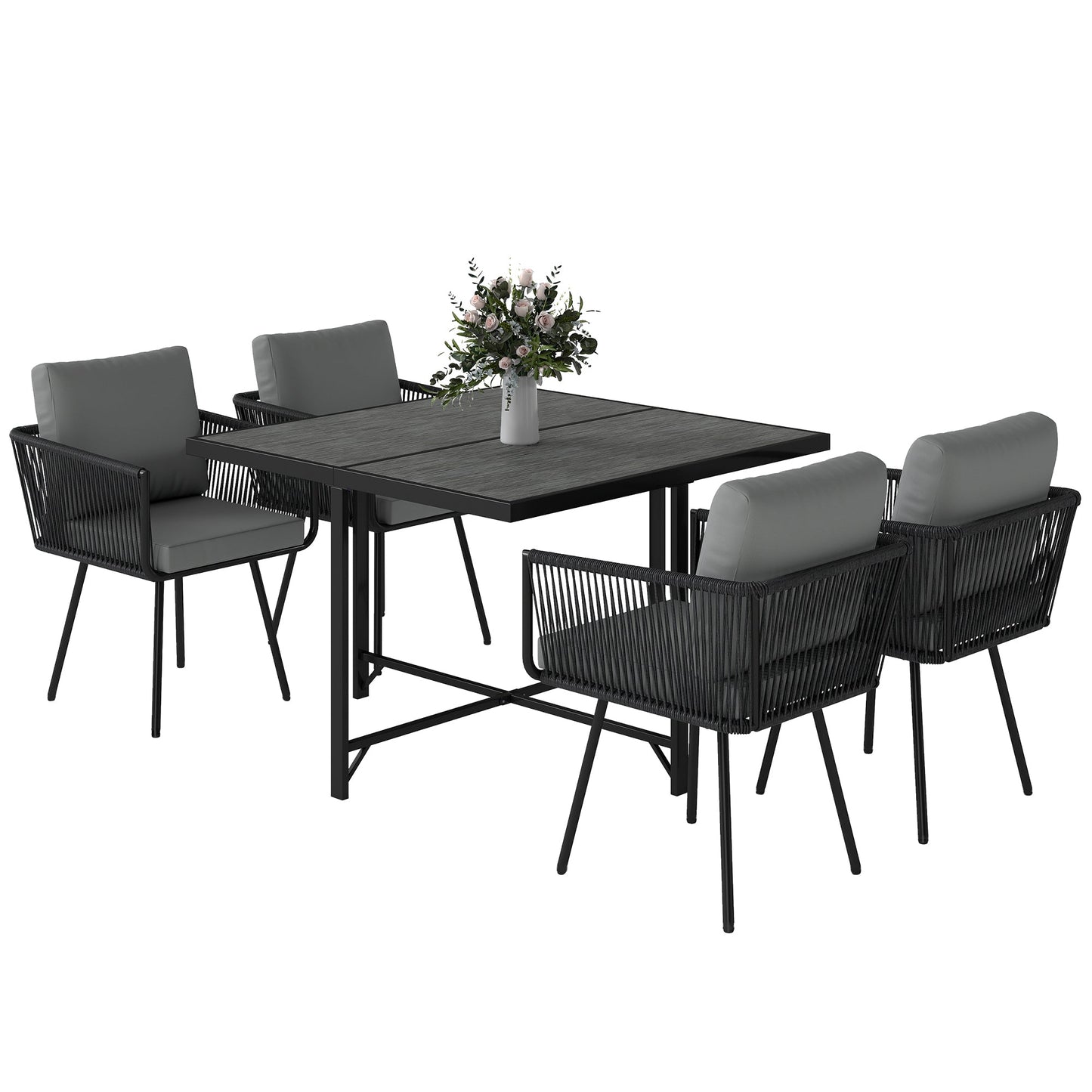 5 Piece Rattan Garden Furniture Set, Garden Dining Set with Wood-Plastic Table and 4 Stackable Chairs, Rattan Table and Chairs with 4 Cushions for Patio, Terrace, Light Grey
