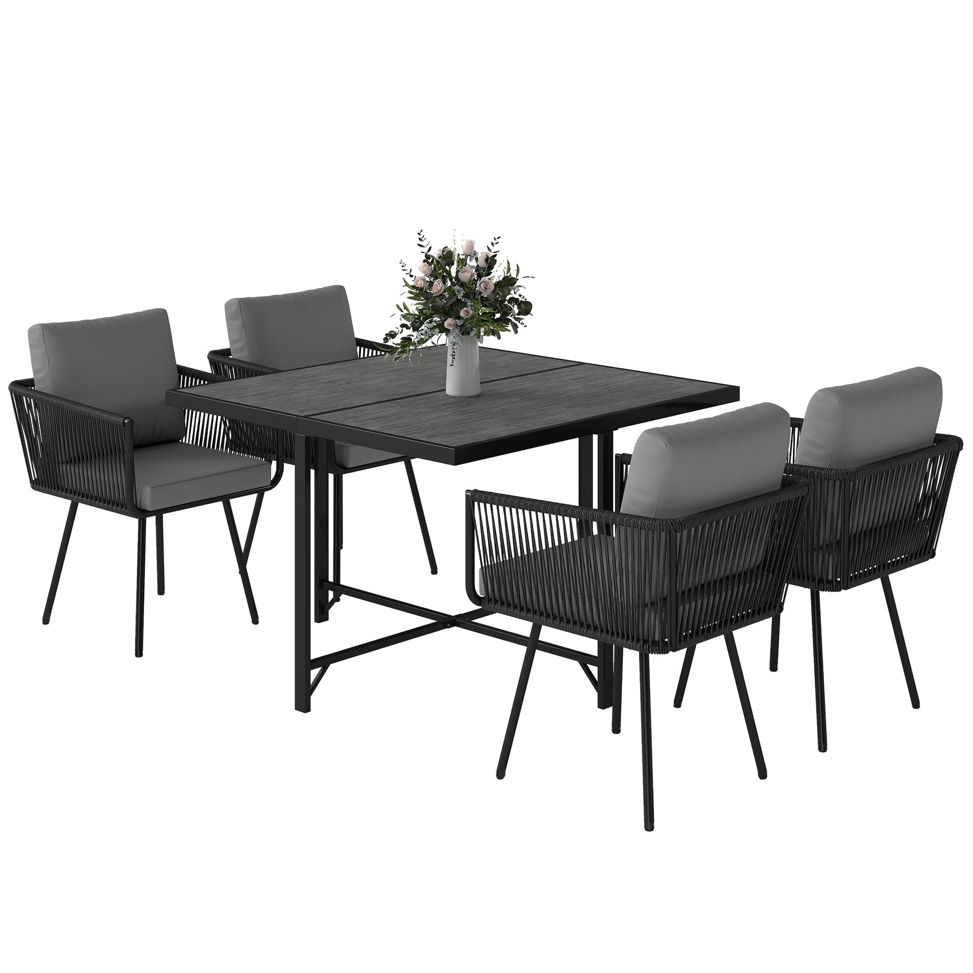 5 Piece Rattan Garden Furniture Set, Garden Dining Set with Wood-Plastic Table and 4 Stackable Chairs, Rattan Table and Chairs with 4 Cushions for Patio, Terrace, Light Grey