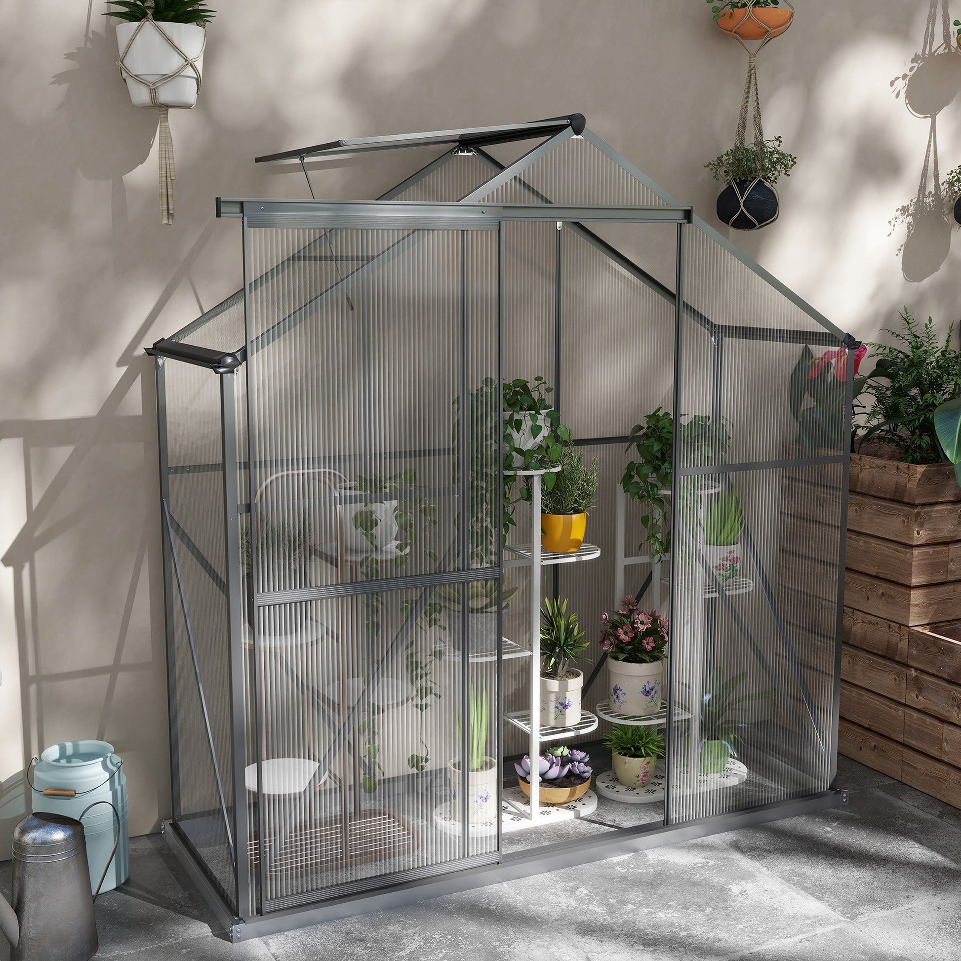 6 x 2.5ft Polycarbonate Greenhouse, Walk-In Green House with Sliding Door, 5-Level Roof Vent, Rain Gutter, Garden Plants Grow House with Aluminium Frame and Foundation, Dark Grey