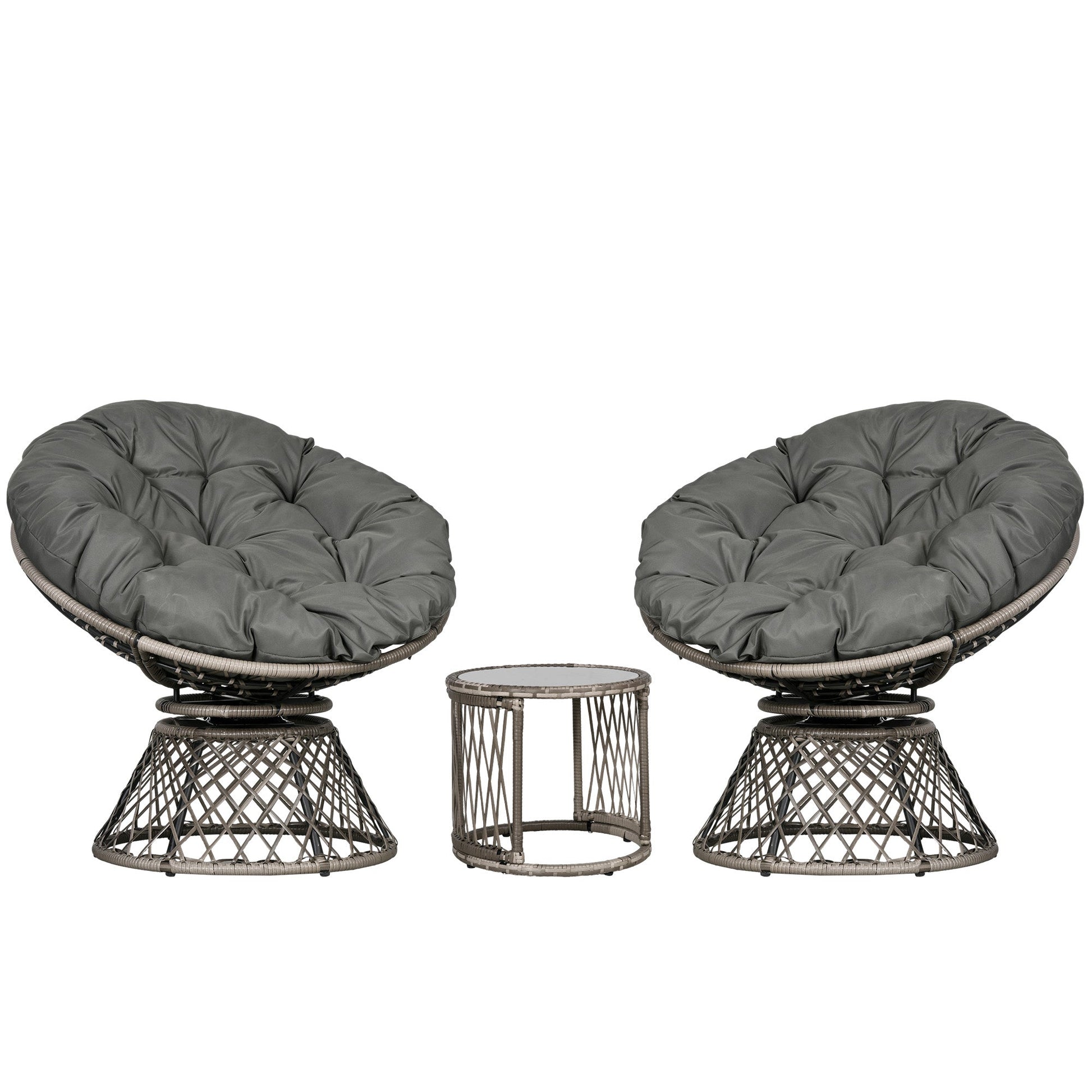 3 Pieces Rattan Bistro Set, Wicker Garden Furniture Set with Swivel Chairs, Glass Top Coffee Table and Thickened Cushions, for Outdoor Patio Balcony