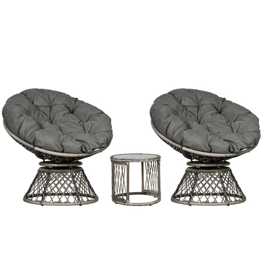 3 Pieces Rattan Bistro Set, Wicker Garden Furniture Set with Swivel Chairs, Glass Top Coffee Table and Thickened Cushions, for Outdoor Patio Balcony