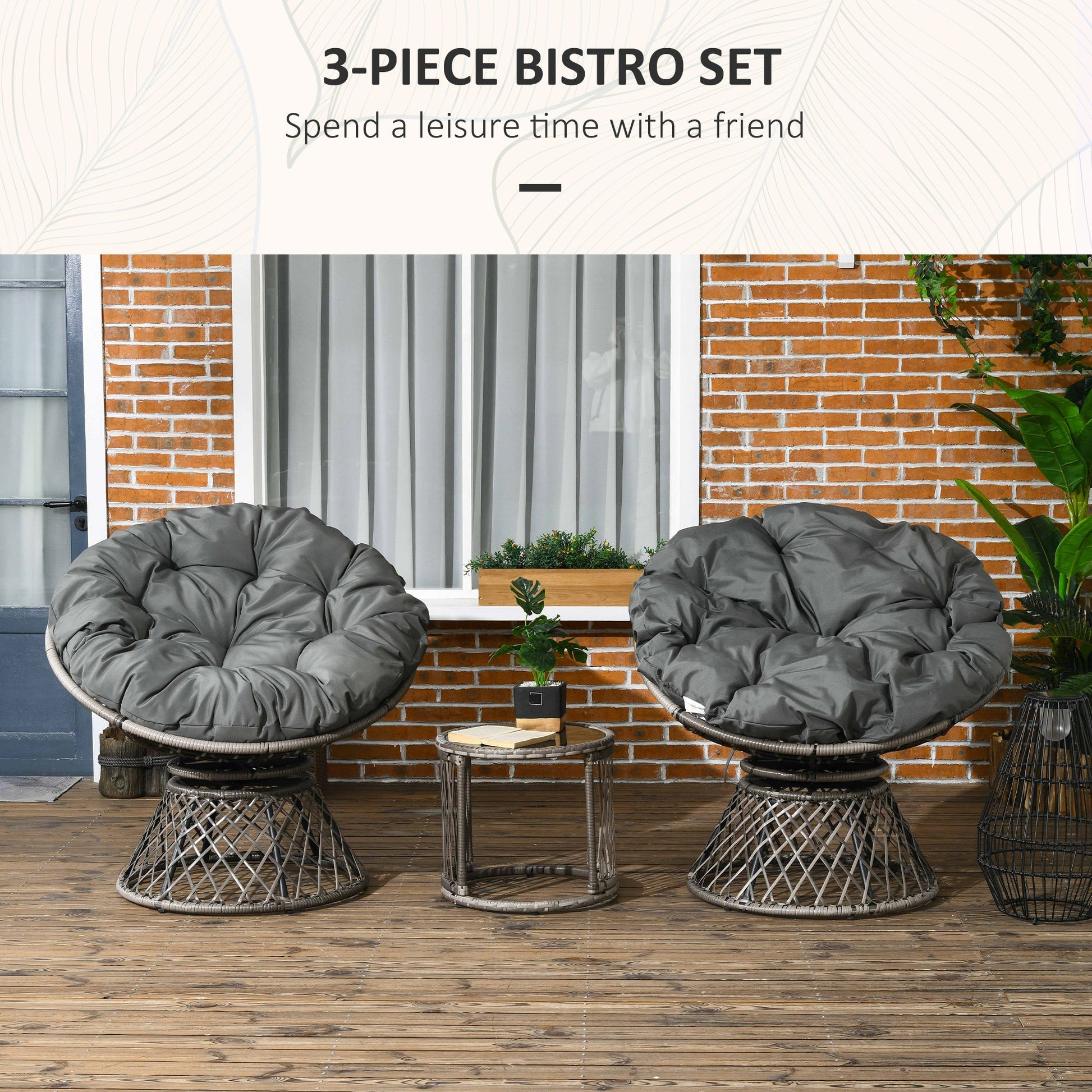 3 Pieces Rattan Bistro Set, Wicker Garden Furniture Set with Swivel Chairs, Glass Top Coffee Table and Thickened Cushions, for Outdoor Patio Balcony