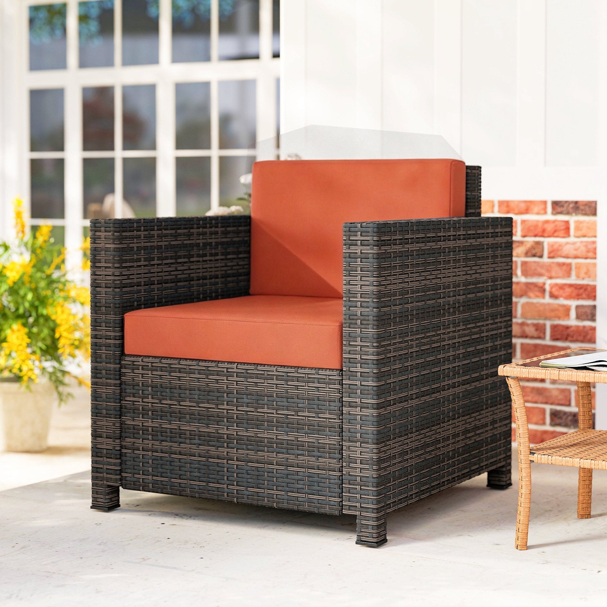 Single Seater Rattan Chair, PE Wicker Garden Armchair with 10 cm Thickened Cushion, All-Weather Rattan Garden Chair with Armrests, Mixed Brown/Orange