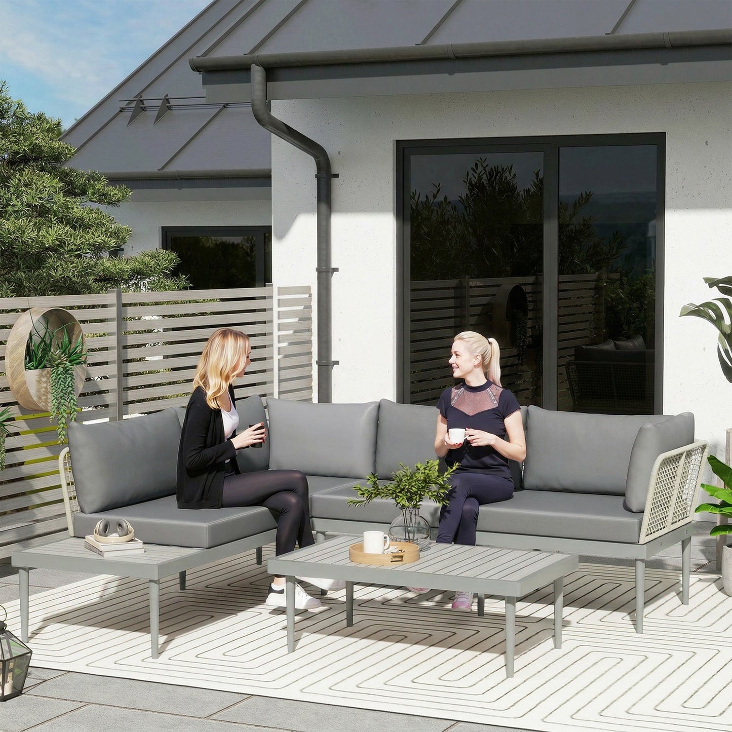 3 Piece L Shaped Rattan Garden Furniture Set, 4 Seater Wicker Outdoor Corner Sofa Set with 2 Loveseats, Wide and Deep Seating, Acacia Wood Top Coffee Table and Thick Cushions, Grey