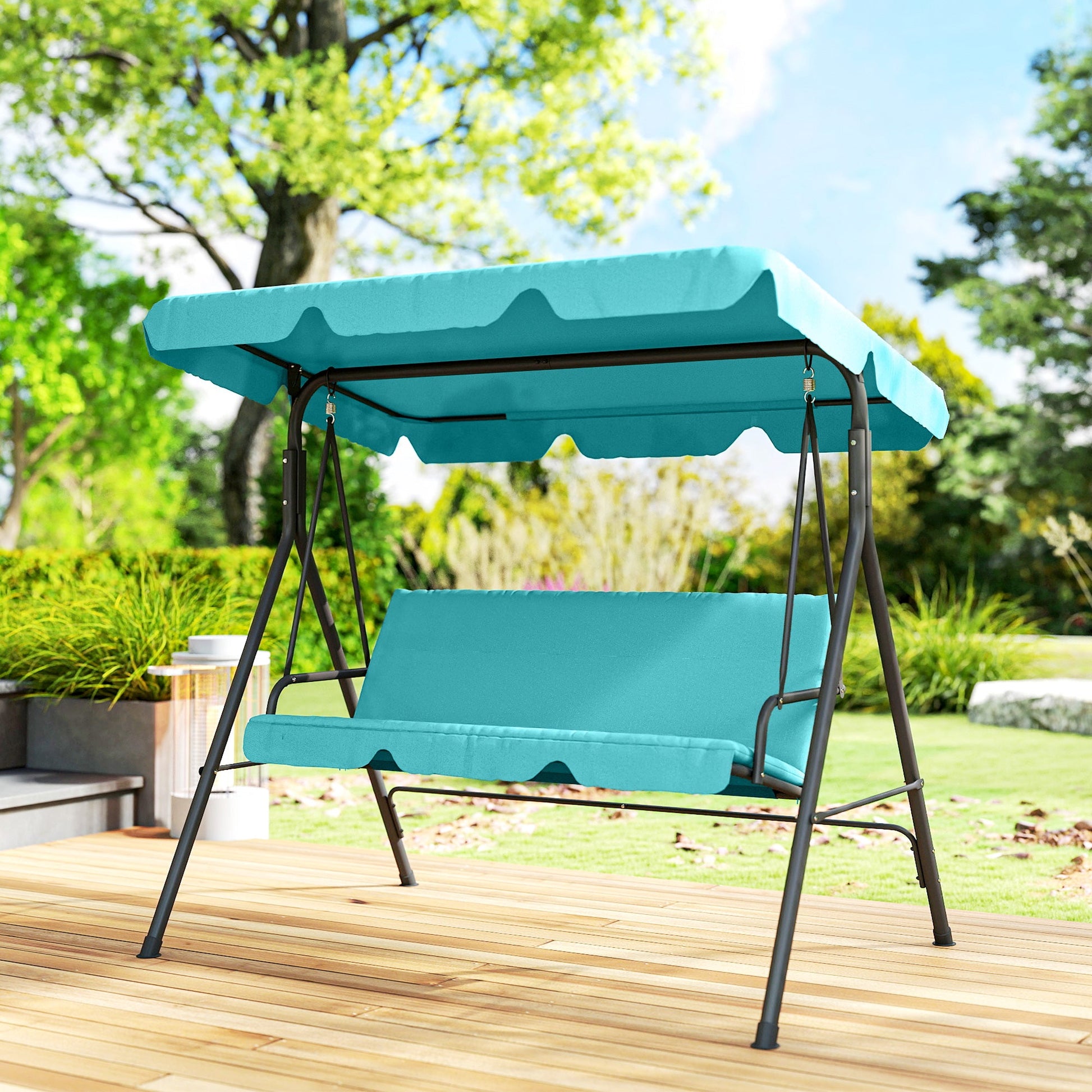 3 Seater Swing Chair with Adjustable Canopy, Garden Swing Seat with Steel Frame, Padded Seat, Blue